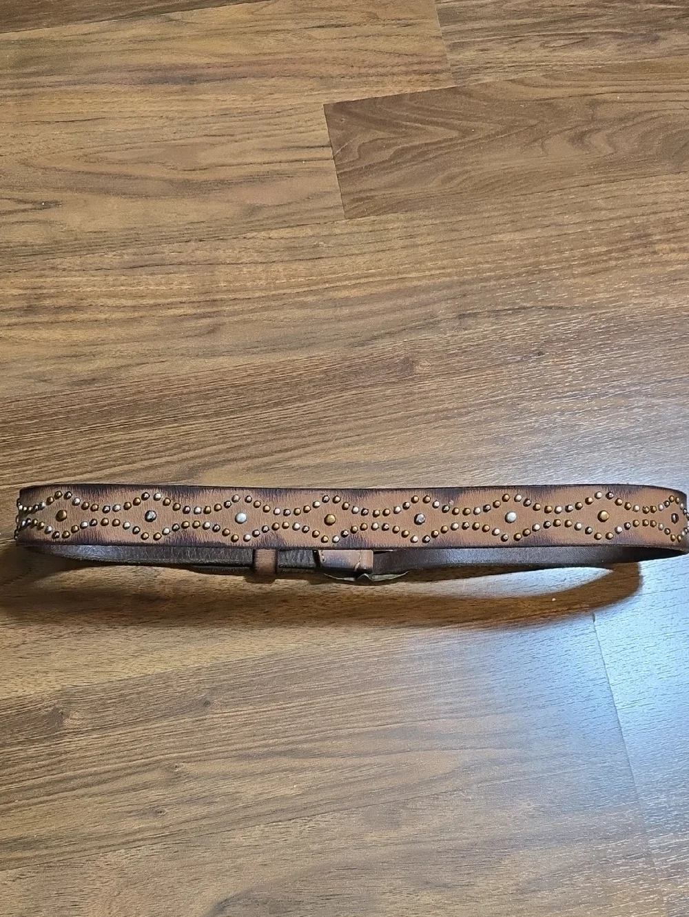 The Leathery Studded Brown Leather Belt with Antique Brass Buckle